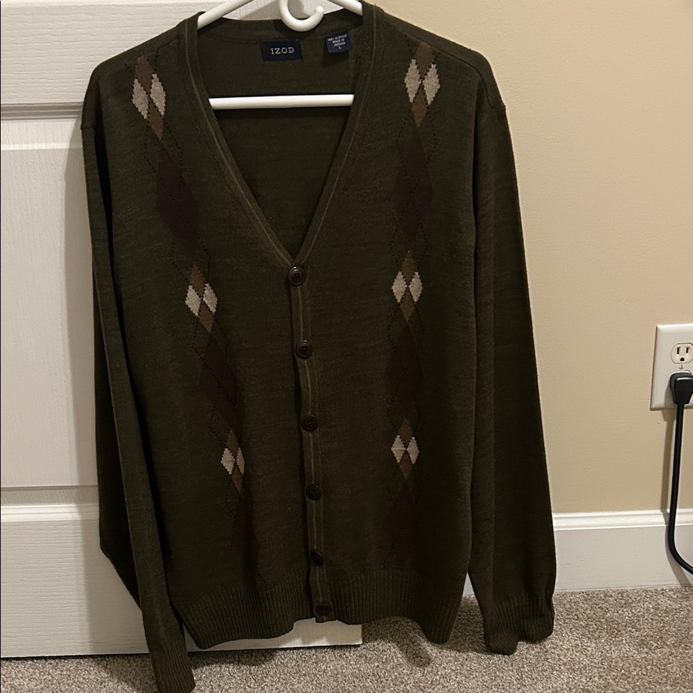 IZOD Men's Cardigan Sweater - Olive and Brown Argyle